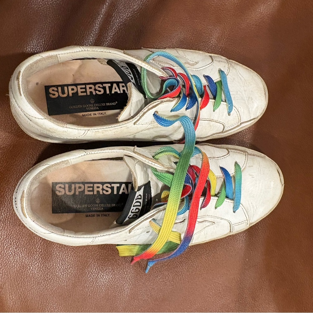 Golden Goose Super-Star White Leather Sneakers Rainbow Laces Size 37 Italy - Picture 2 of 15